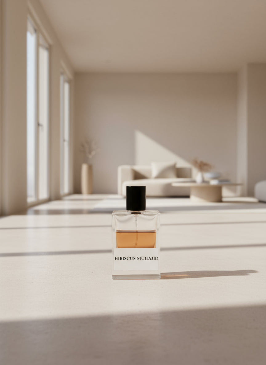 Perfume bottle labeled 'Hibiscus Muhajid' with a textured gray background
