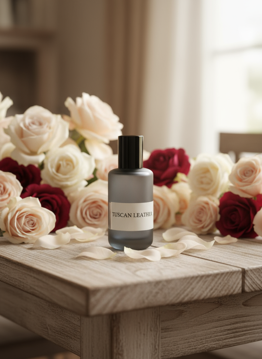Bottle of Tuscan Leather perfume with a floral background
