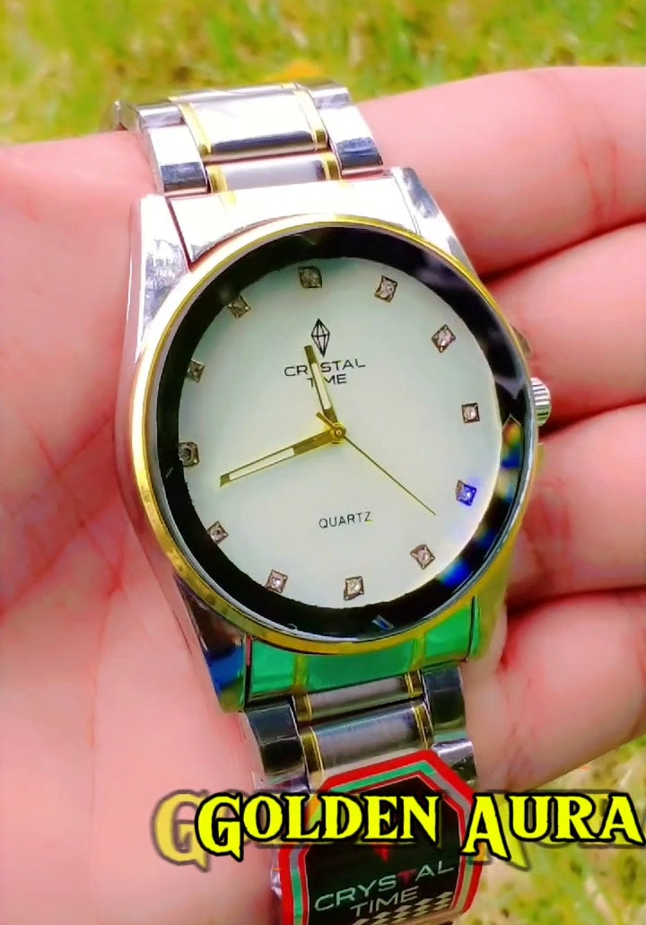 Golden Aura – Luxury Men's Quartz Watch with Crystal Accents