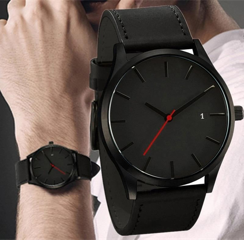 Analog Date Leather Men Wrist Watch - Black For Gents Watch With Box